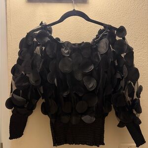 Black Floral Appliqué Sheer Sleeve Top - Women